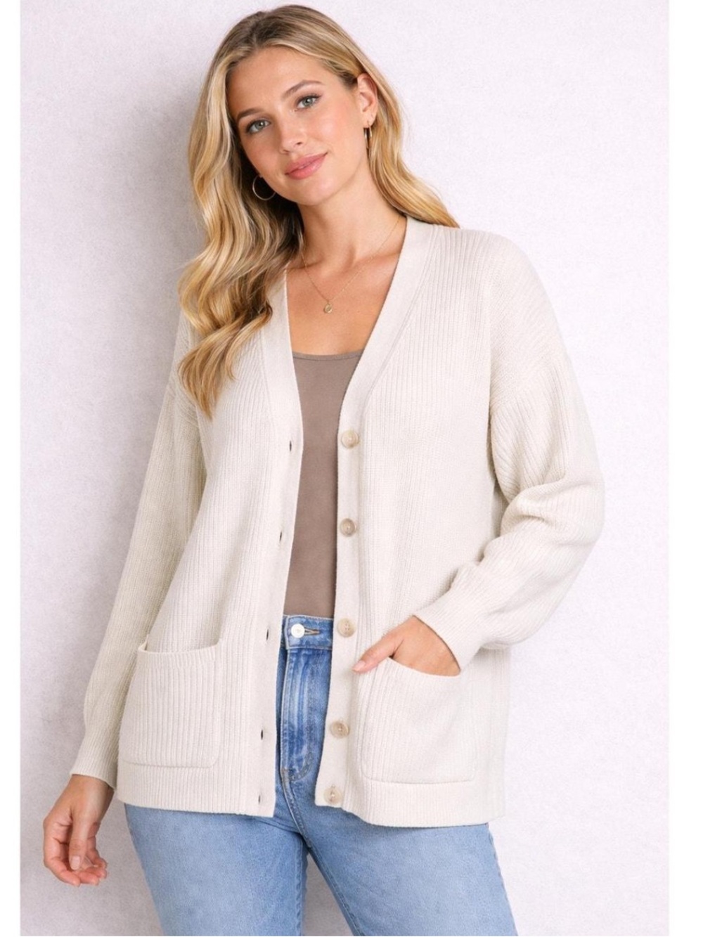 LOFT Cream Ribbed Button-Front Cardigan
